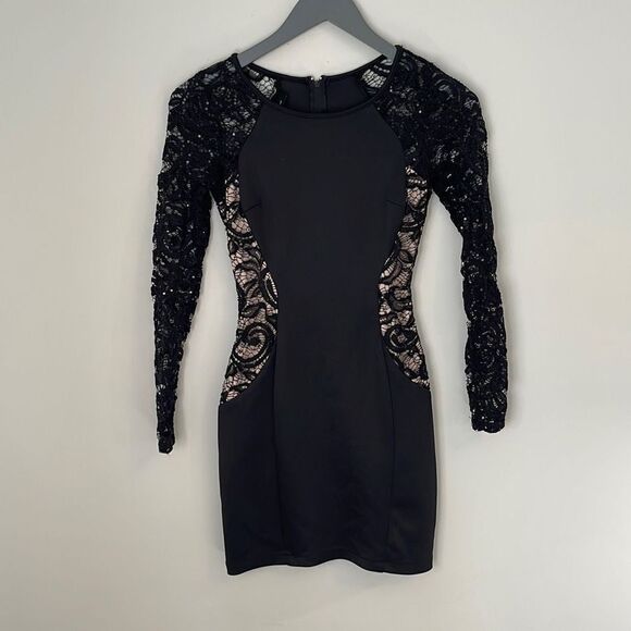BCX Women's Bodycon Dress Mini Long Sleeve Lace Sequin Sheath Black Size‎ 1 - Picture 1 of 7